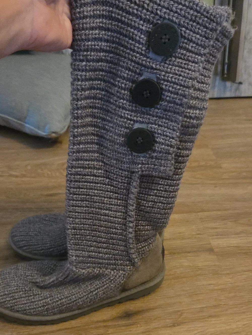 UGG Gray Knit Suede Back Logo Knee-High Slipper Boots